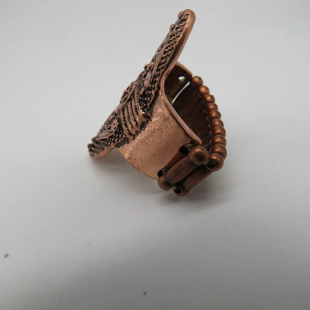 Antique Copper Tone Boho Shield Stretch Ring Size 7 Floral Beaded Statement